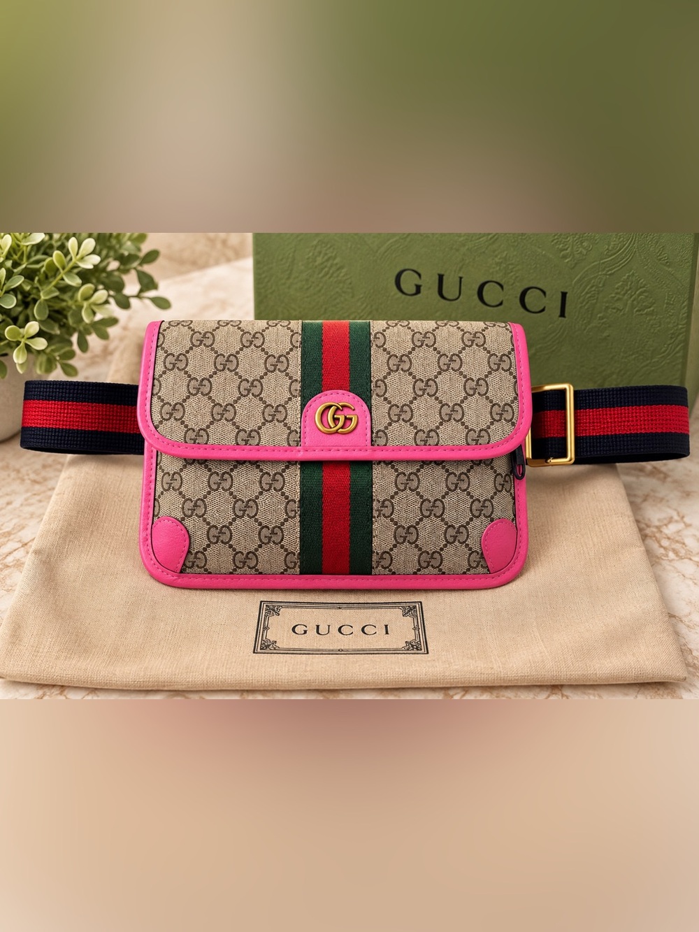 Gucci Pink Trim GG Supreme Canvas Crossbody Belt Bag